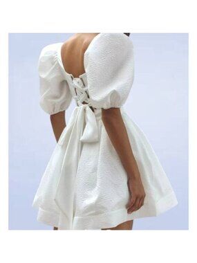 BHLDN x Anthropologie Chloe Puff-Sleeve Square-Neck Jacquard Mini Dress - XL